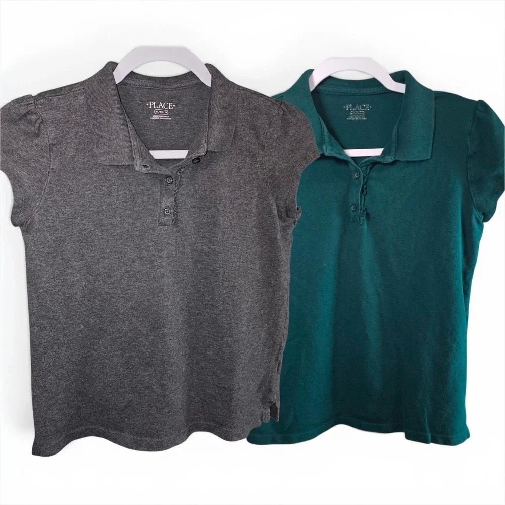 The Children's Place Polo Shirts Girls XL 14 Gray Green Good Puffed Cap Sleeve